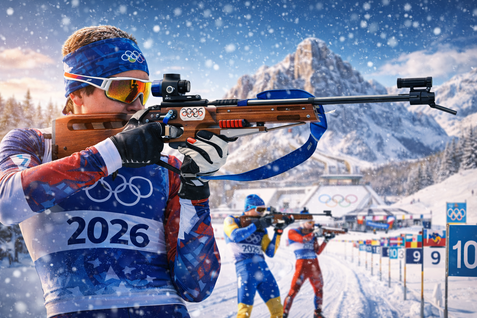 Zawodnik biathlonu podczas strzelania na tle gór i stadionu olimpijskiego w trakcie igrzysk olimpijskich zimowych 2026