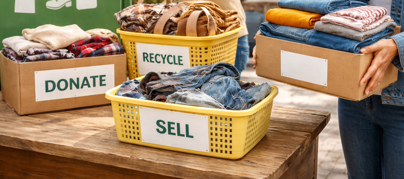 Ubrania posegregowane do oddania, sprzedaży i recyklingu podczas zbiórki tekstyliów na zewnątrz