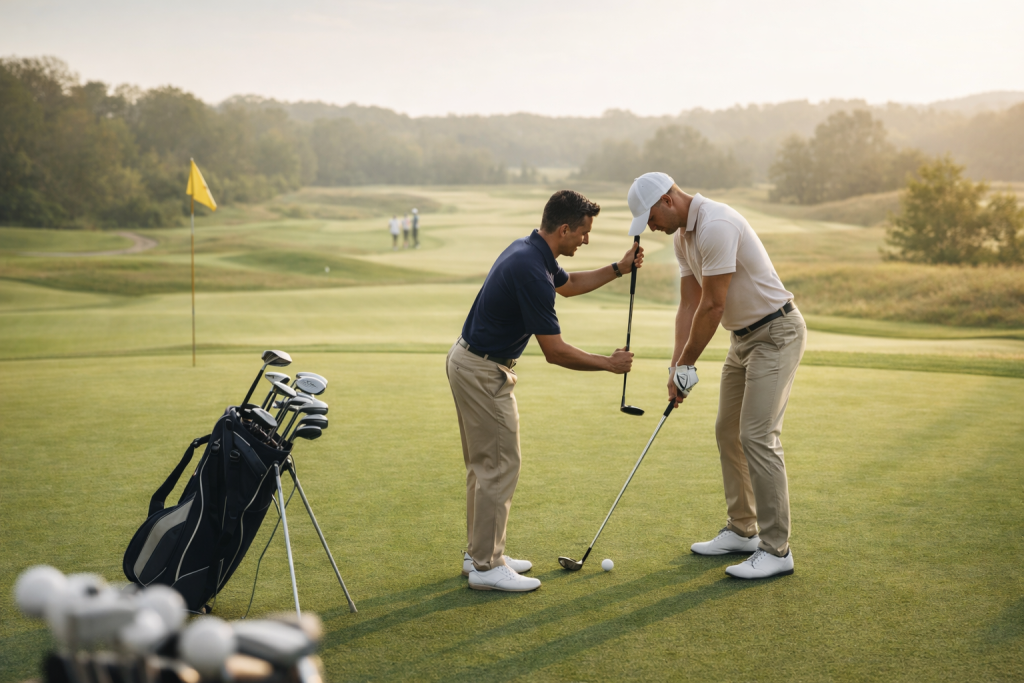 Instruktor golfa udzielający wskazówek początkującemu graczowi na zielonym polu golfowym podczas nauki podstaw gry