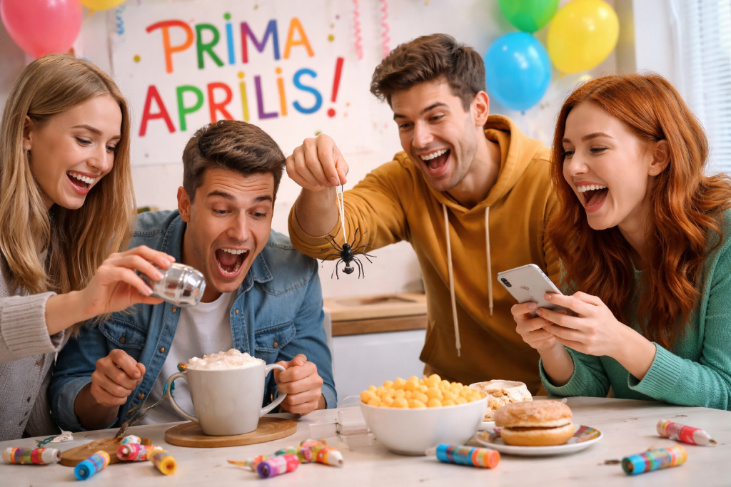 Grupa znajomych robiących zabawny prank na Prima Aprilis podczas spotkania przy stole z napojami i dekoracją „Prima Aprilis”.