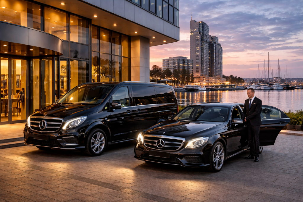 luksusowy transport premium w Trójmieście – Mercedes V-Class i limuzyna z kierowcą pod hotelem nad wodą w Gdyni o zmierzchu