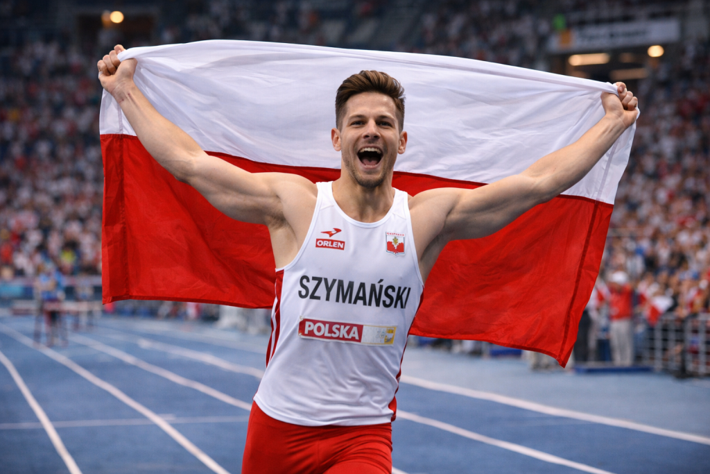 Polski lekkoatleta z flagą Polski po zwycięstwie HMŚ Toruń 2026