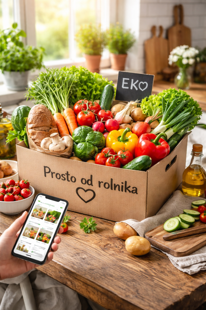 paczka świeżych warzyw i owoców ekologicznych z dostawą do domu, zamówienie online od rolnika na stole w kuchni