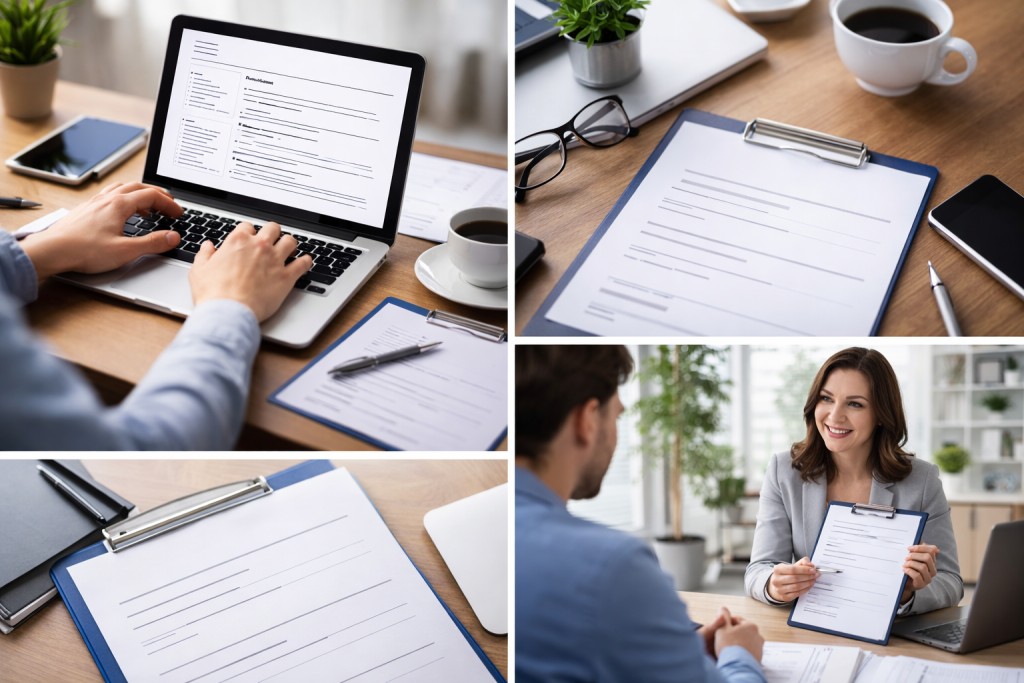 tworzenie cv na laptopie w biurze praca nad dokumentem aplikacyjnym