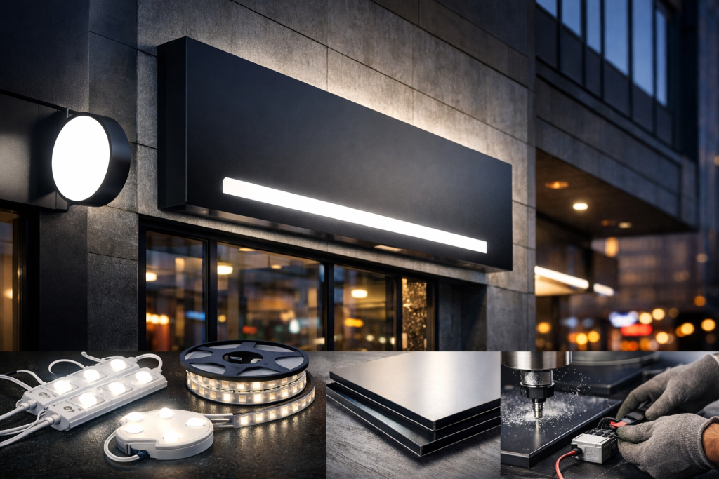 nowoczesny kaseton reklamowy LED z dibondu zamontowany na elewacji budynku nocą