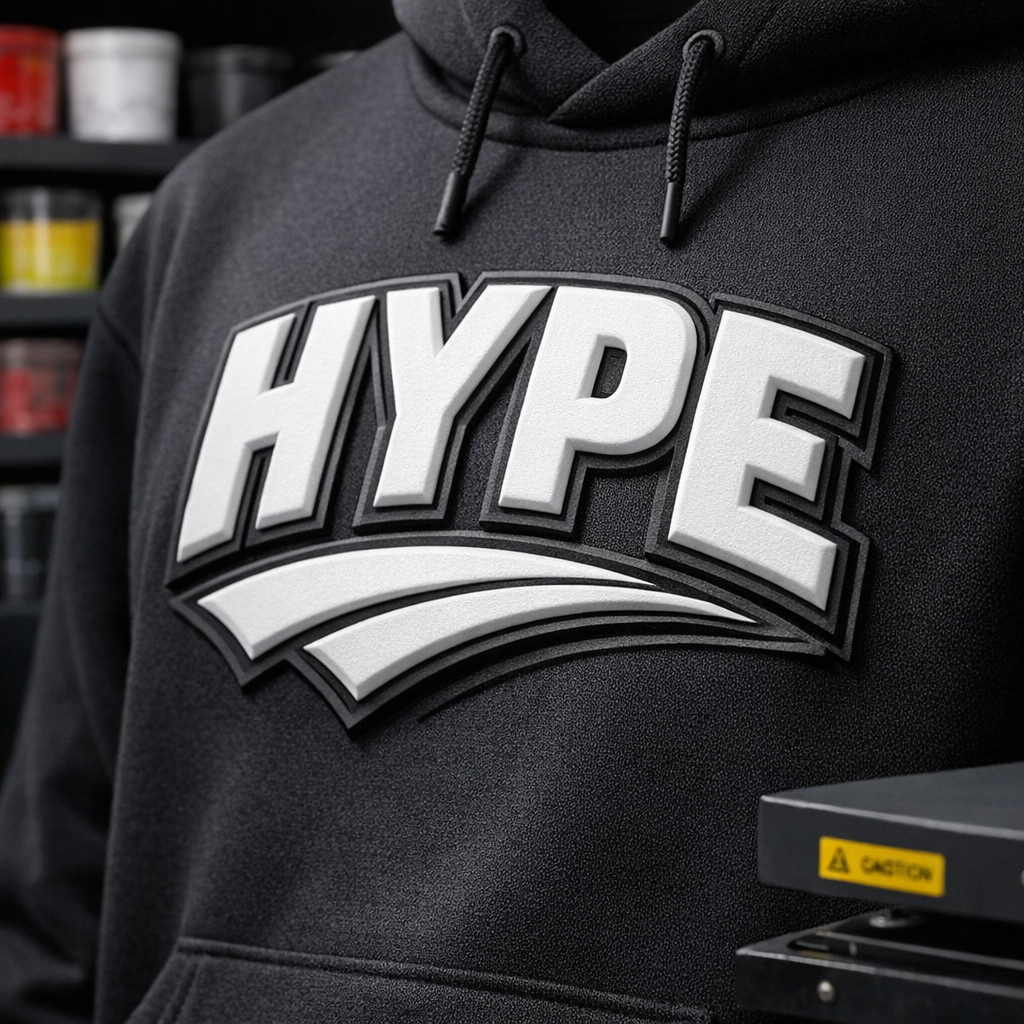 nadruk wypukły 3D na czarnej bluzie z logo