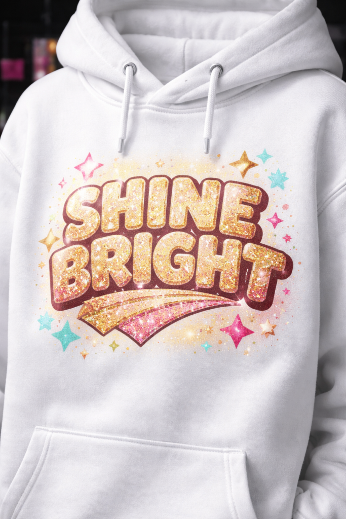 biała bluza z nadrukiem glitterowym shine bright z efektem brokatu