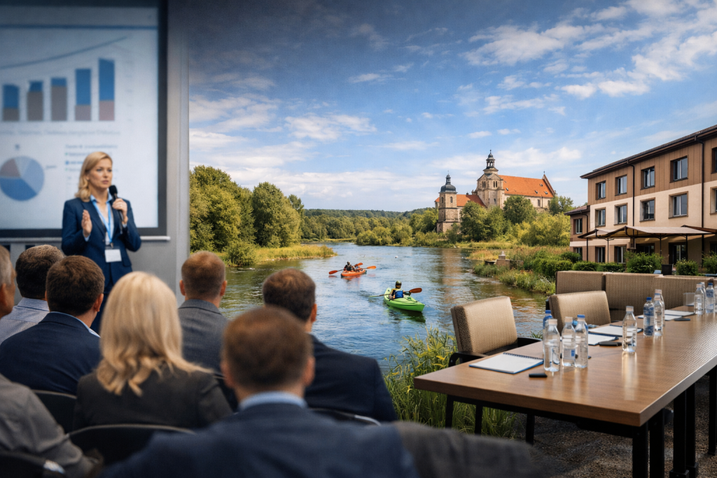 spotkanie firmowe w sali konferencyjnej z widokiem na rzekę i integracją kajakową w Tomaszowie Mazowieckim