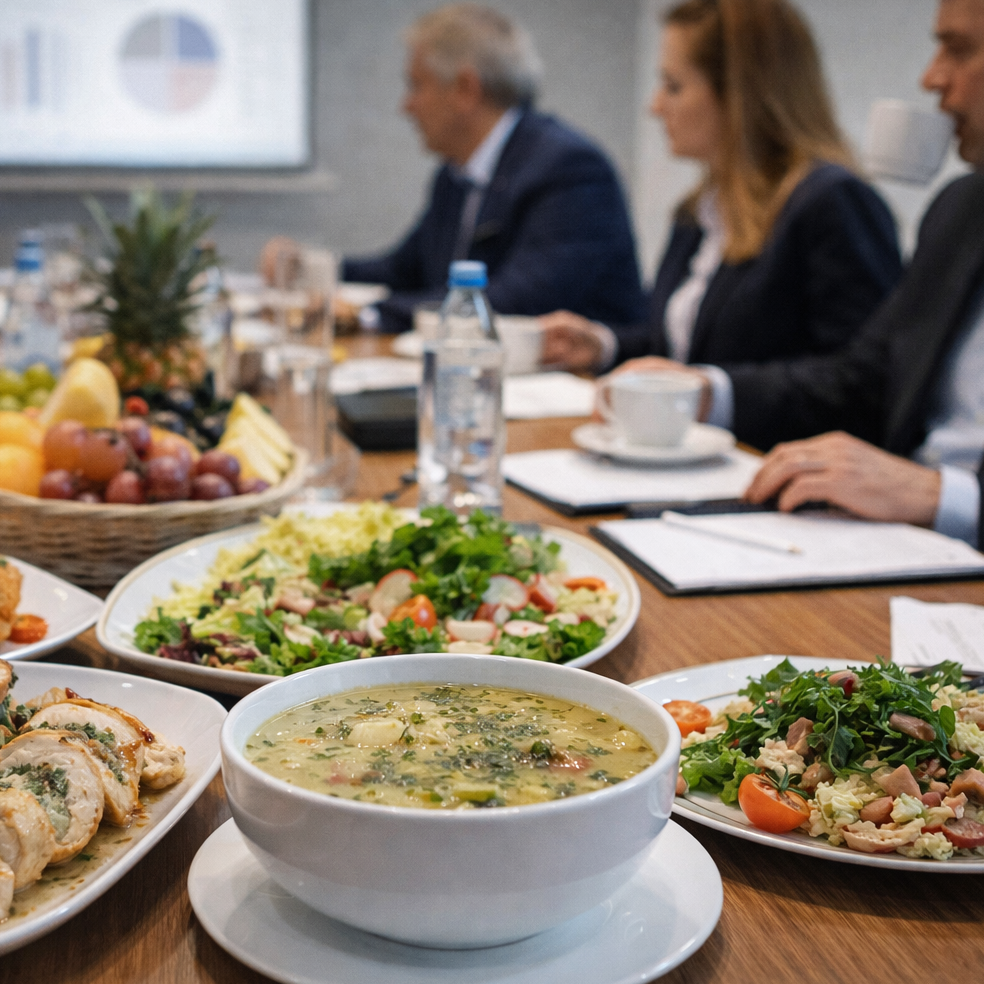 catering biznesowy podczas spotkania firmowego z daniami i uczestnikami przy stole konferencyjnym