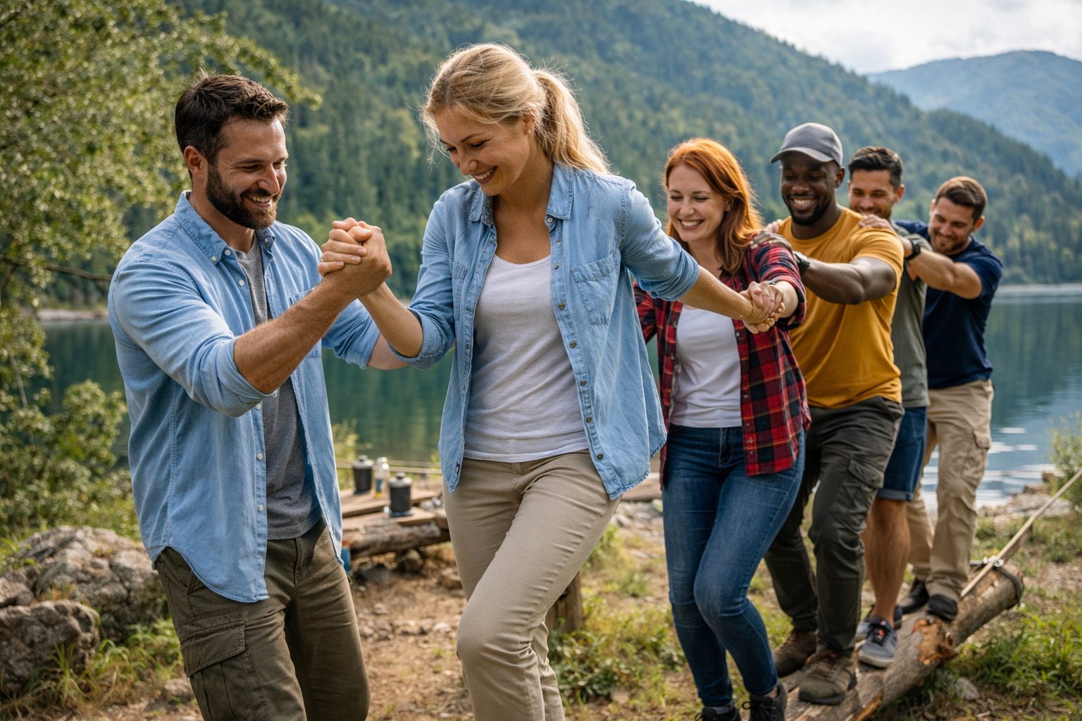 Zespół pracowników wykonuje ćwiczenie integracyjne podczas szkolenia wyjazdowego nad jeziorem w otoczeniu natury.