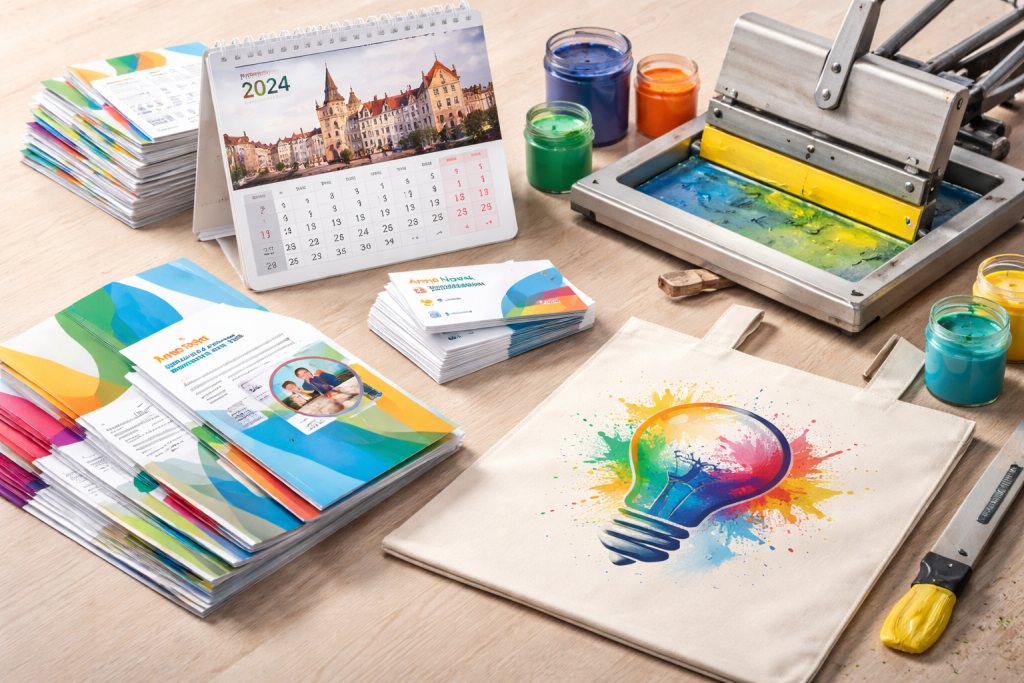 druk materiałów reklamowych – ulotki, wizytówki, kalendarze i sitodruk