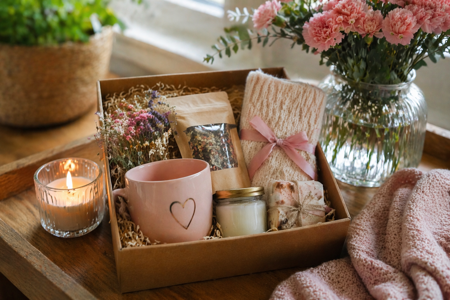 Ciepła aranżacja z prezentami i kwiatami