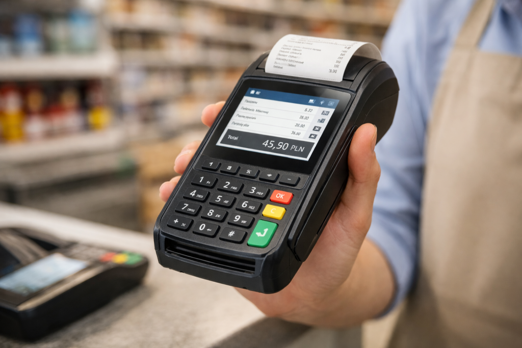 Terminal kasowy w rękach pracownika