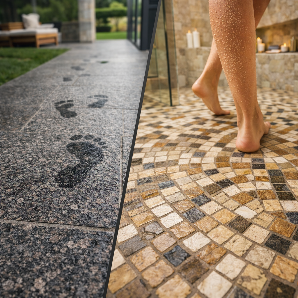 Płynne ślady na kamieniu i mozaice