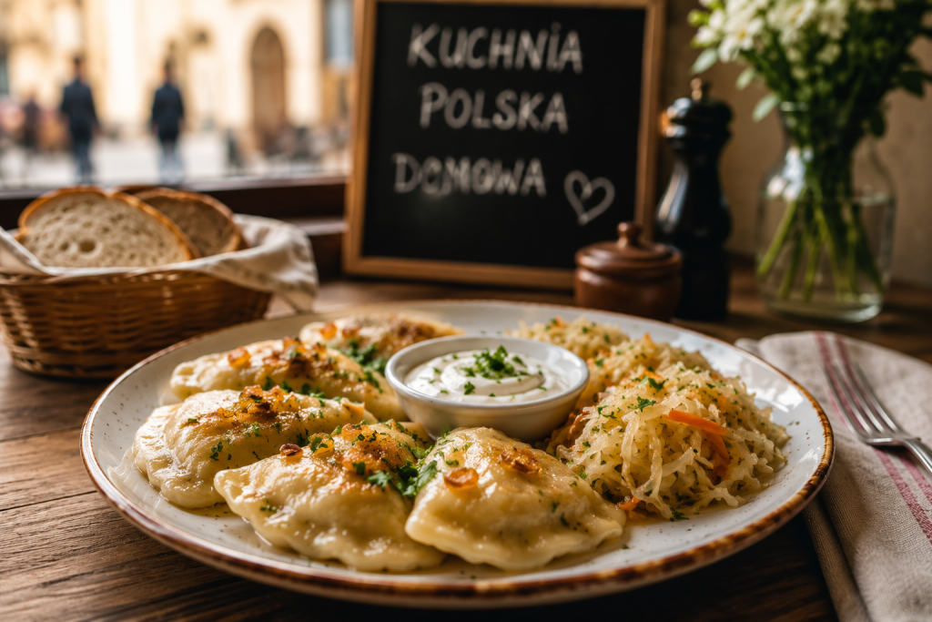 Domowa kuchnia z pierogami i sałatką