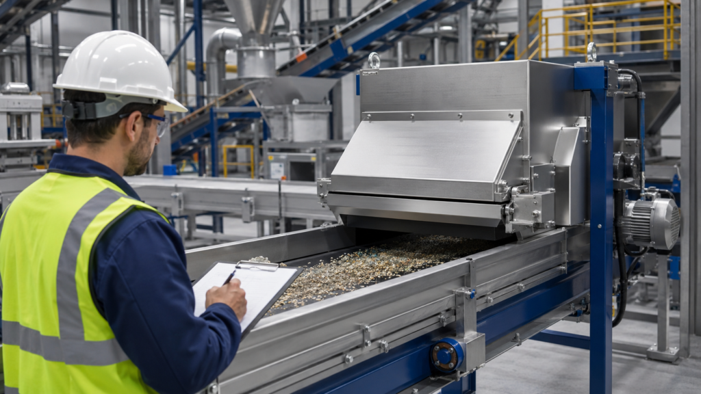 Pracownik kontrolujący separator do metalu na przemysłowej linii produkcyjnej
