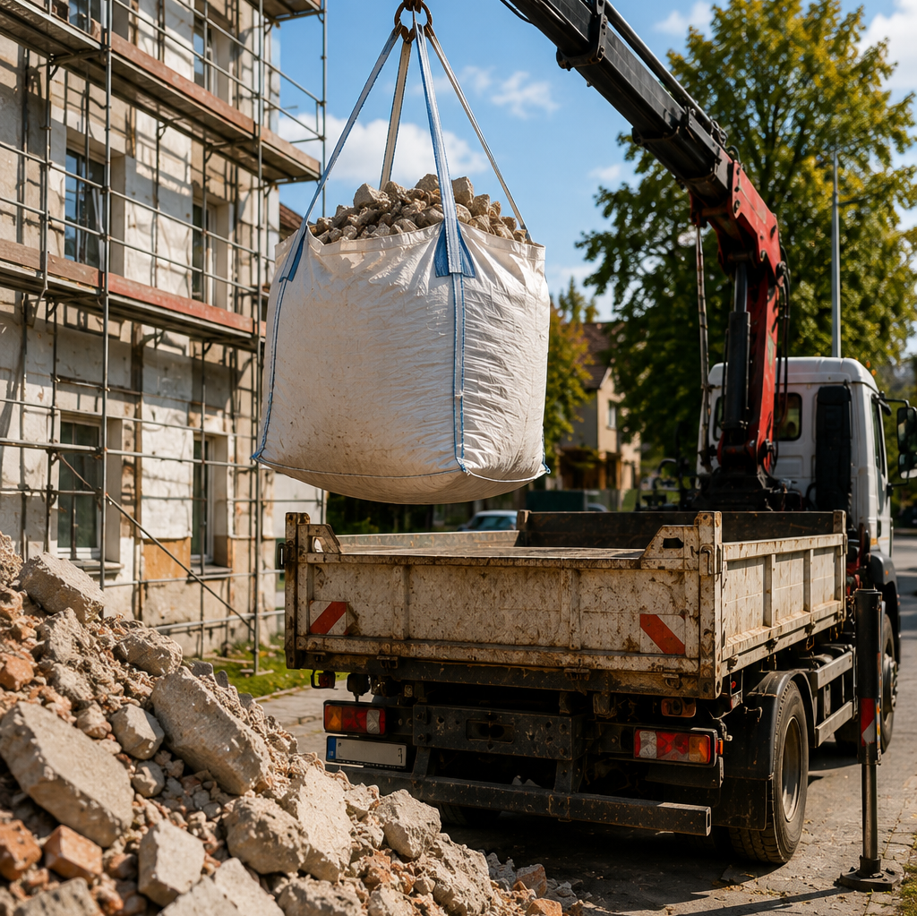 Odbiór gruzu w worku Big Bag z użyciem samochodu HDS przy remontowanym budynku