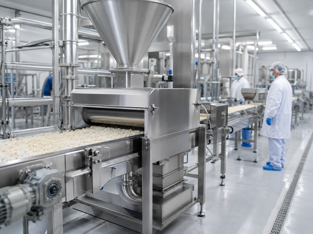 Wnętrze urządzenia do separacji metali na linii spożywczej z widocznym produktem na przenośniku.