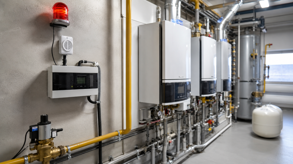 System detekcji gazu z alarmem i elektrozaworem w nowoczesnej kotłowni