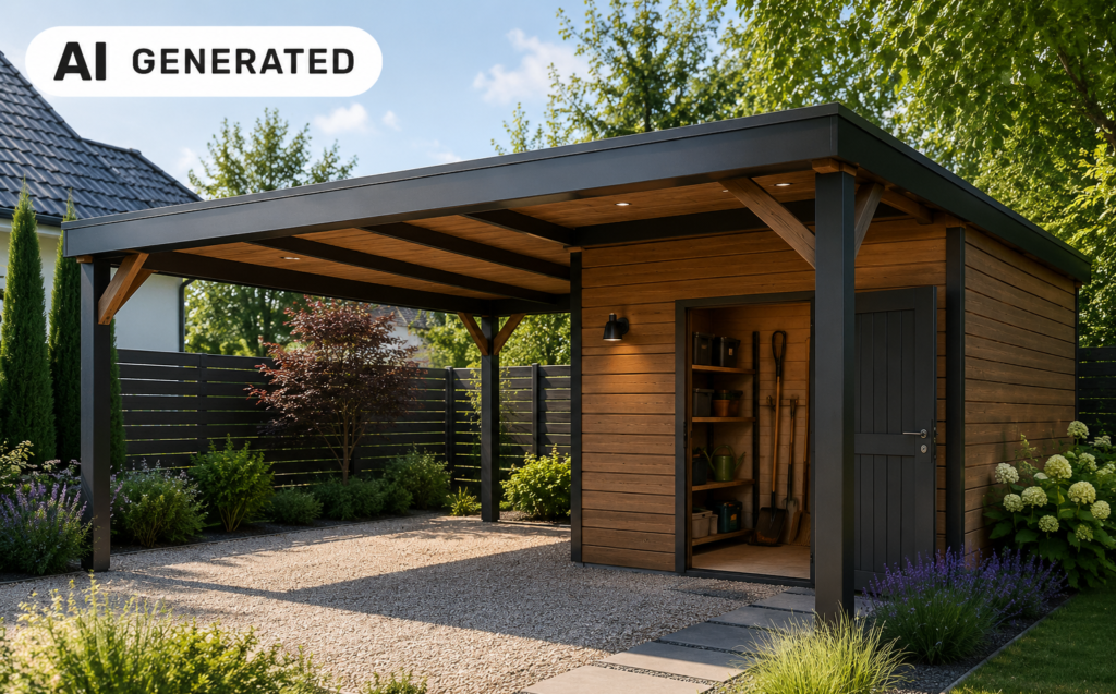Moderner Carport mit integriertem Abstellraum und Holzverkleidung