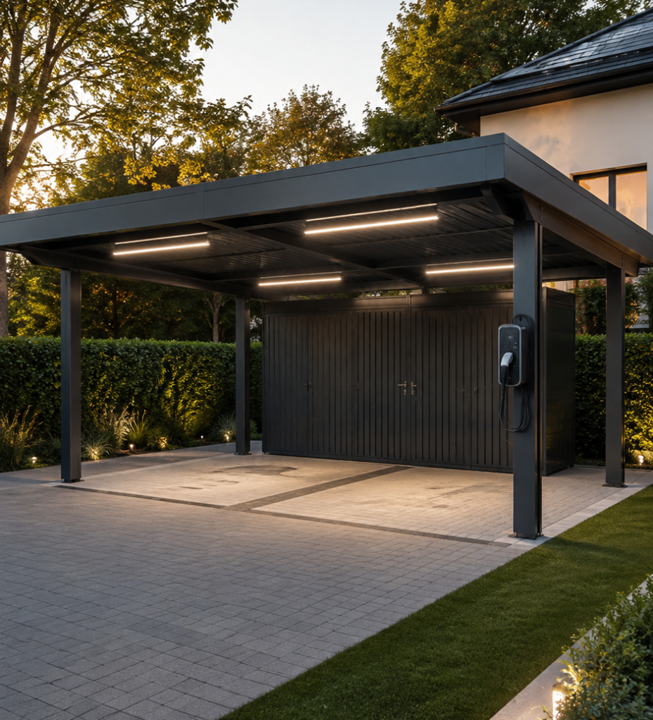Moderner Doppelcarport aus Metall mit Beleuchtung und integrierter Ladestation