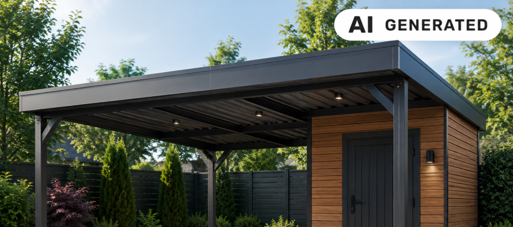 Moderner Doppelcarport aus Metall mit integriertem Abstellraum