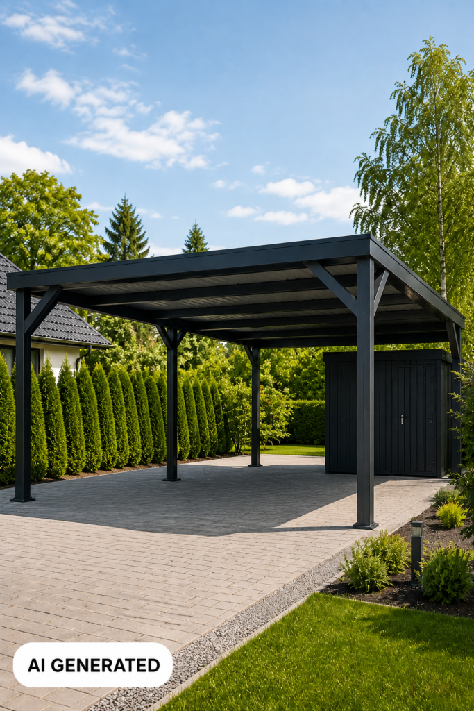 Moderner Doppelcarport aus Metall mit integriertem Geräteraum